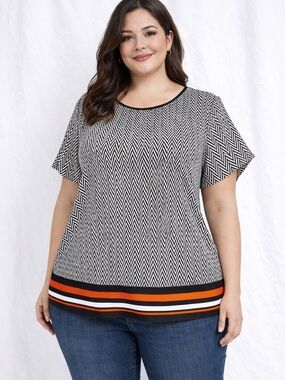 Jones New York Black and White Chevron Blouse with Orange Trim